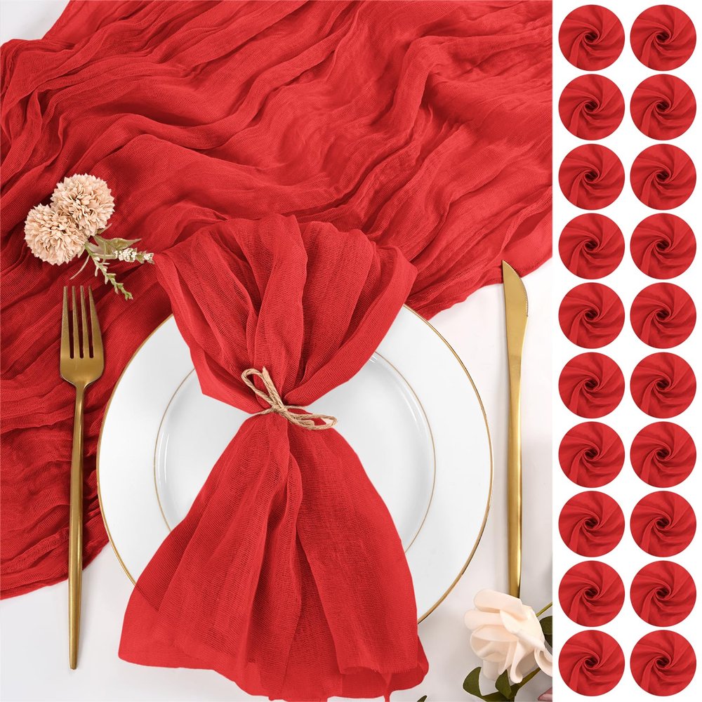 100 Pack Red Cloth Napkins 20x20 Inch Cheesecloth Napkins Rustic Boho Gauze Napkin Cloth Bulk Washable Dinner Table Napkin for Wedding Party Bridal Baby Shower Thanksgiving Table Decor