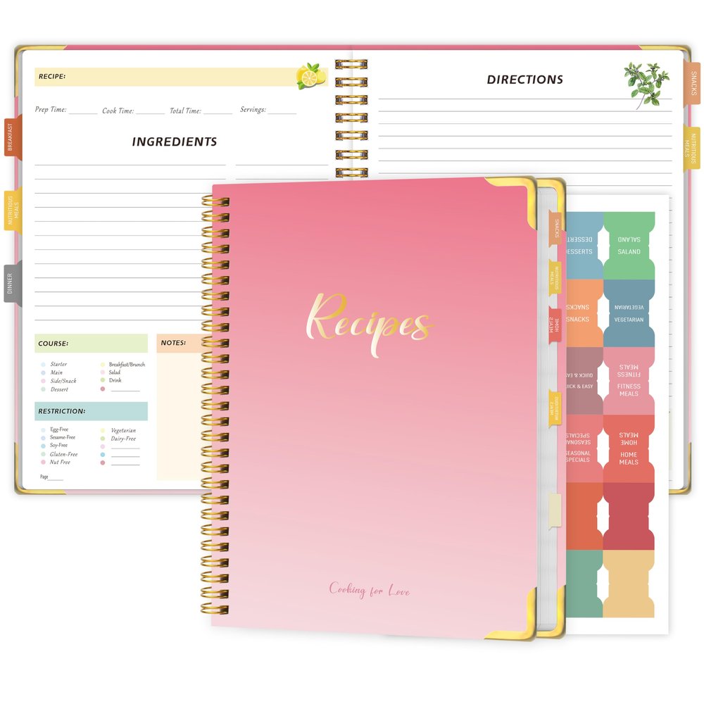 Recipe Book to Write in Your Own Recipes  Blank Recipe Book Cookbook, Hardcover Recipe Notebook Recipe Journal Hold 175 Pages Recipes with Tab Sticker, Spiral-Bound Durable Kitchen Gift, 7.5"*10" - Pink