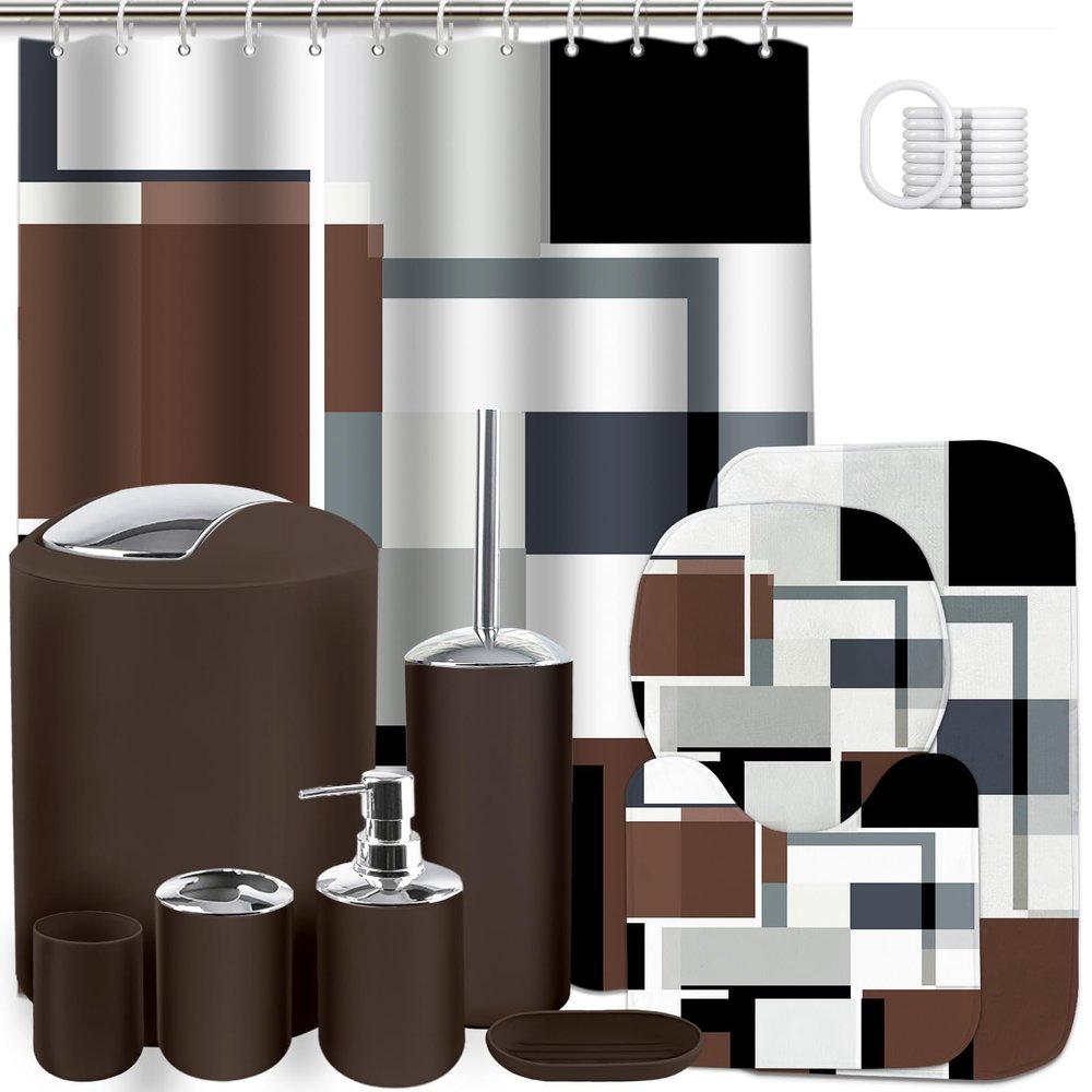 23 Piece Brown Bathroom Set with Shower Curtain & Rugs, Complete Set