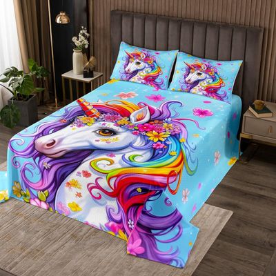 3 Piece Unicorn Quilt Bedding Sets Women Aldult Lightweight Bedding Colorful Flowers Bedspread Rainbow Coverlet Soft Microfiber Home Quilt Set for King Bed All Season