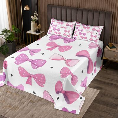 3 Piece Pink Bow Quilt Bedding Sets Women Aldult Lightweight Bedding Cartoon Bowknot Bedspread Pink White Coverlet Soft Microfiber Home Quilt Set for King Bed All Season