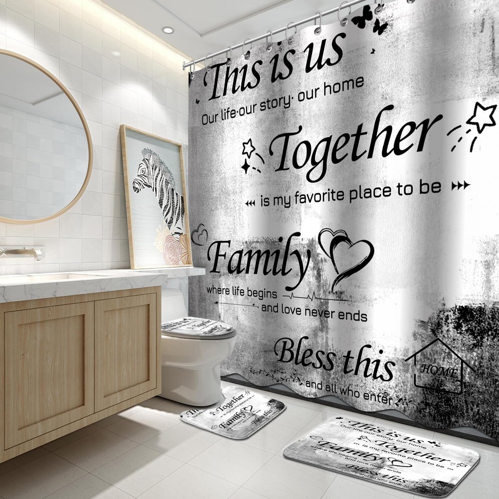 Black White Bathroom Set with Shower Curtain and Rugs, 4 Piece Bath Set