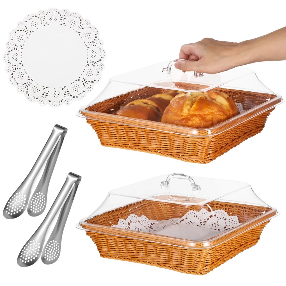2 Pack Wicker Large Bread Basket with Lid, 11.8''11.8'' Square Plastic Imitation Rattan Woven Serving Basket with 2 Stainless Steel Tongs150 Paper Liners for Food Vegetable Display