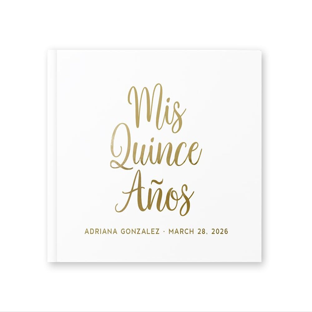 Mis Quince Gift Idea, Quince Party Book, Quinceanera Keepsake, Foil Guestbook with Color Choices - White Gold (9x6)