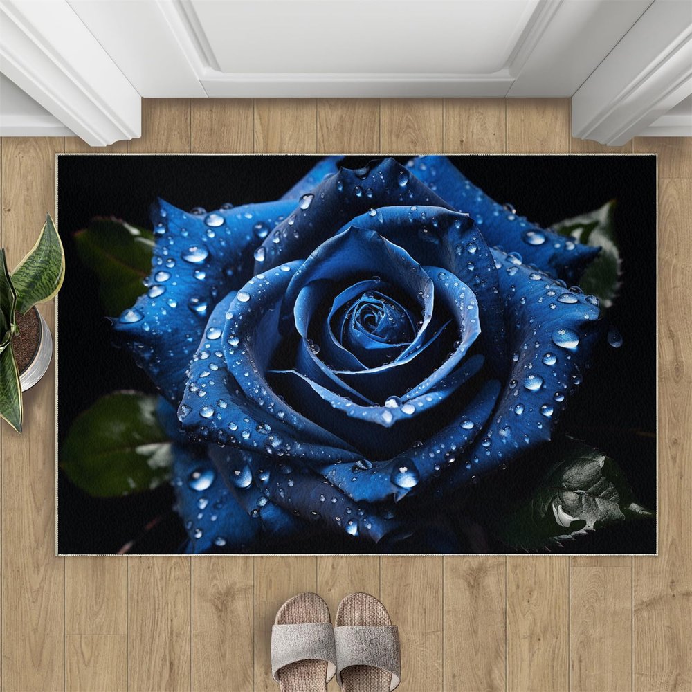 Blue Rose Rugs for Entryway - 3D Roses Area Rug, 2x3 Rug, Black Background Washable Non Slip Rugs, Black Blue Carpet, Modern Floral Carpet - Wedding Valentines Day Home Decor Gifts for Women