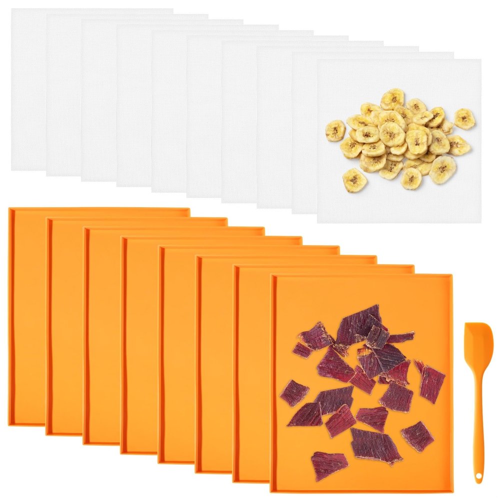 LUMINFLY 18-Piece Silicone Dehydrator Liners with 8 Raised Mats, 10 Mesh Sheets, Silicone Scraper, and Non-Stick Design