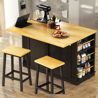 Kitchen Island with 2 Bar Stools, Rolling Cart with Power Supply, Storage Racks, Adjustable Shelves, Large Countertop, Muebles para Cocina, Mobile Bar Cart, 48 Wide, Easy Assembly (Black)