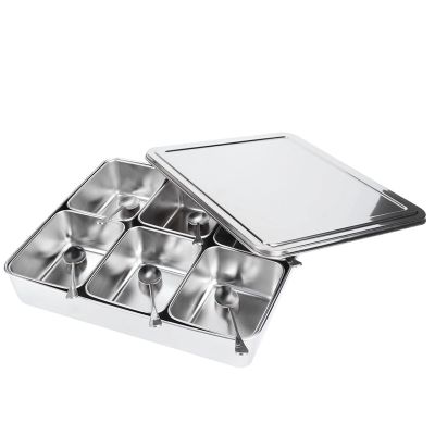 NDNCZDHC Stainless Steel Seasoning Box, 6 Pieces Detachable Seasoning Rack Pots, Seasoning Box with Covers and Spoons, Condiment Jars