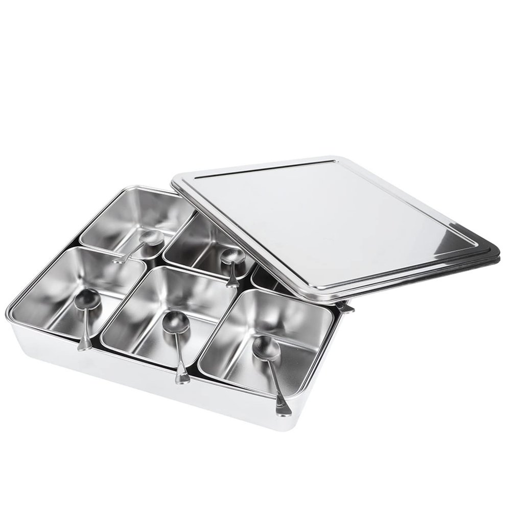 NDNCZDHC Stainless Steel Seasoning Box, 6 Pieces Detachable Seasoning Rack Pots, Seasoning Box with Covers and Spoons, Condiment Jars