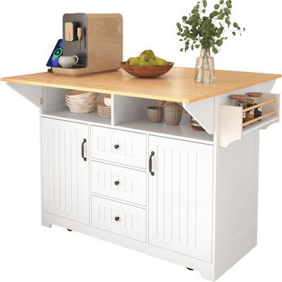 Andehomy 55.7'' Large Kitchen Island with 2 Drop Leaf, Rolling Kitchen Cart on 5 Wheels with Power Outlet, Folding Dining Table with Spice & Towel Rack, 3 Drawers, for Kitchen, Dining Room,White