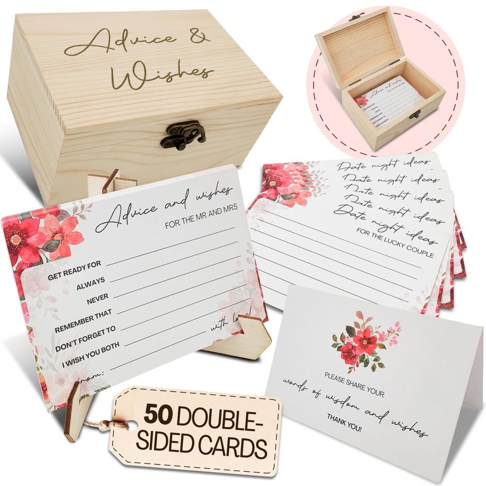 Advice and Wishes for The Mr and Mrs  50 Double-Sided Wedding Advice Cards with Wooden Box & Easel, Bridal Shower Decorations, Games for Bride and Groom, Reception Guest Book Alternative, Best Wishes