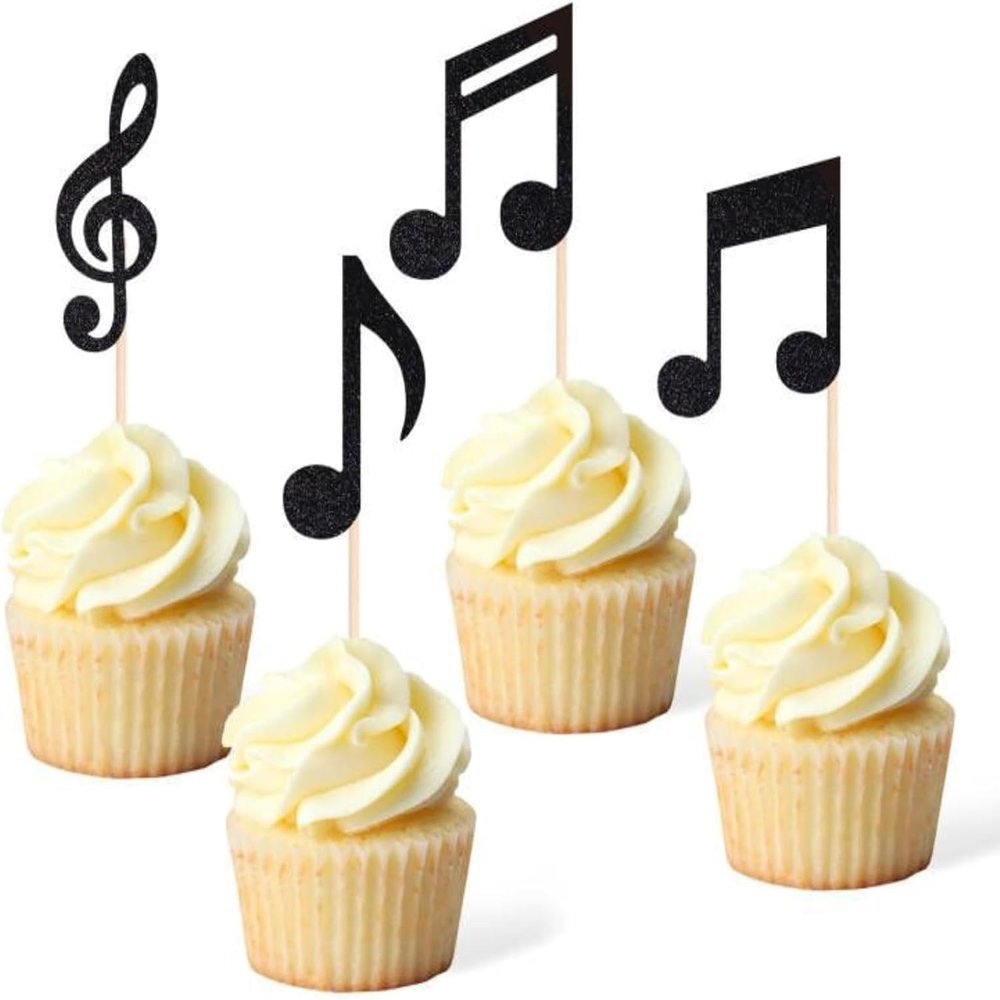 36Pcs Black Glitter Musical Notes Cupcake Toppers,Rock Music and Birthday Party Decorations,Cake Picks for Concerts, Themed Parties,Baking Supplies and Decor