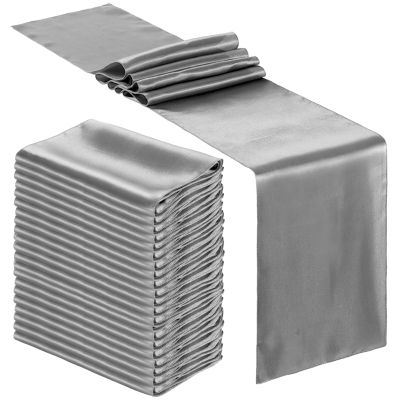 Bencailor 24 Pcs Dark Gray Satin Table Runner Bulk 12 x 108 Inches Long Table Runners Bright Smooth Fabric Tablecloth for Wedding Banquet Birthday Spring Graduation Party Decorations