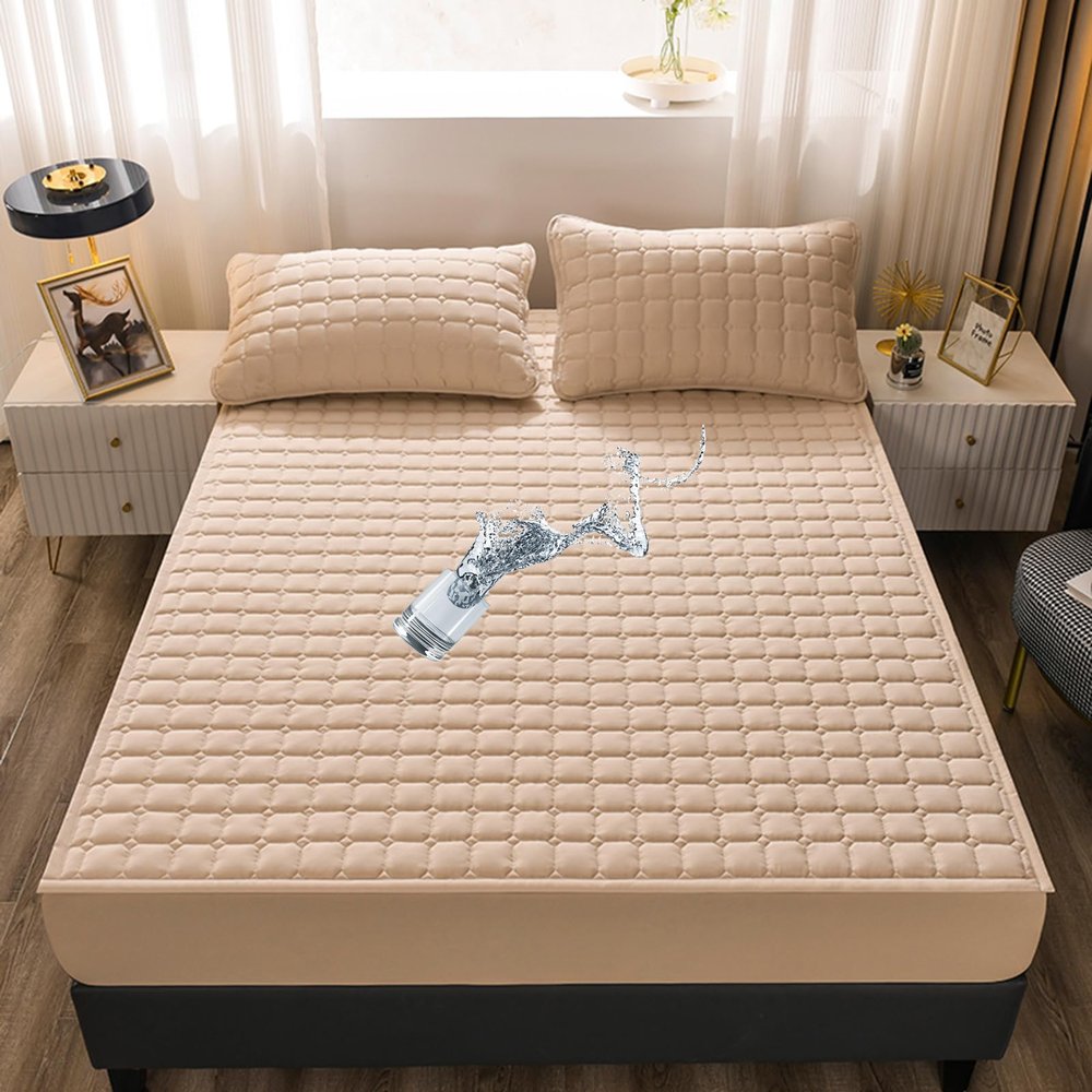 FFDSDUH Mattress Protector Quilted Mattress Protector Mattress Topper Bed Breathable Comfortable Washable Mattress Pad Cover with 4 Adjustable Straps(Camel,160x200cm)