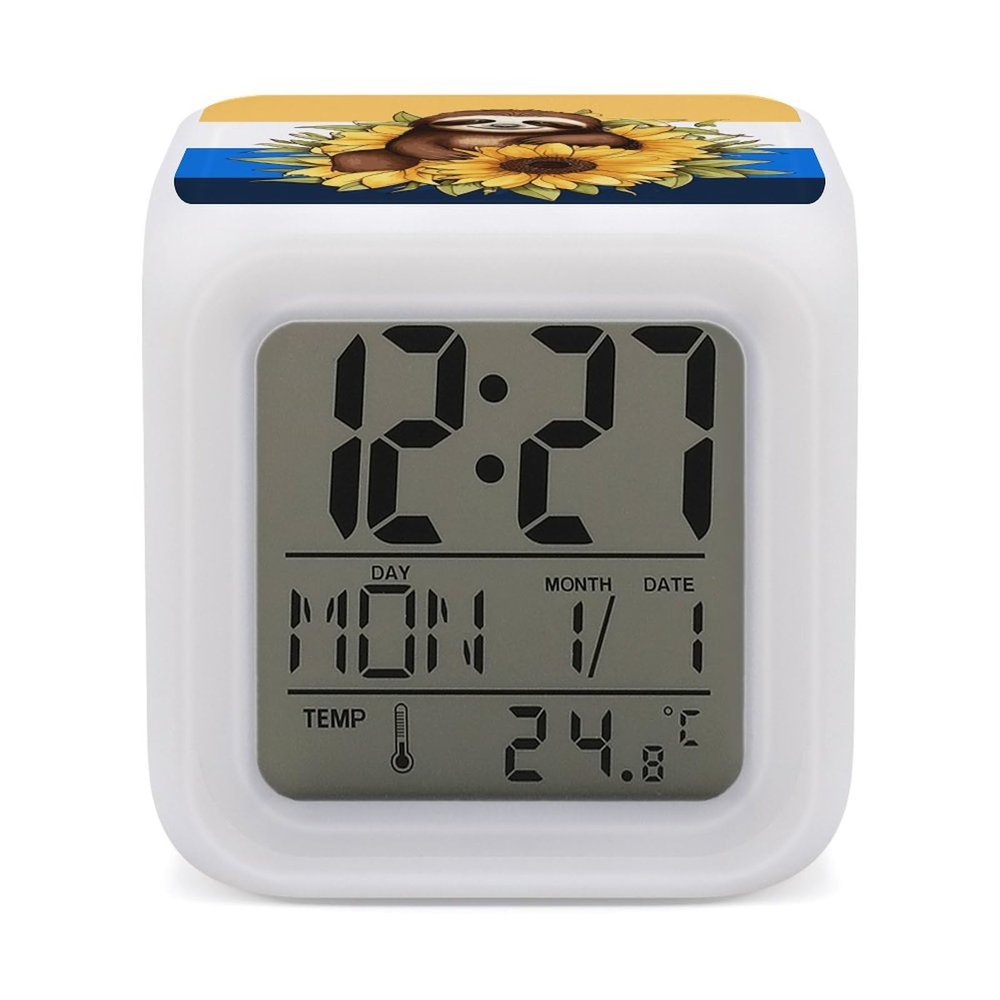 DWTJKMS Cartoon Sloth Sitting on Sunflower Digital Alarm Clock for Bedroom Color Changing Night Lights Nap Timer for Desk, Living Room, Bedroom,Bedside Clock
