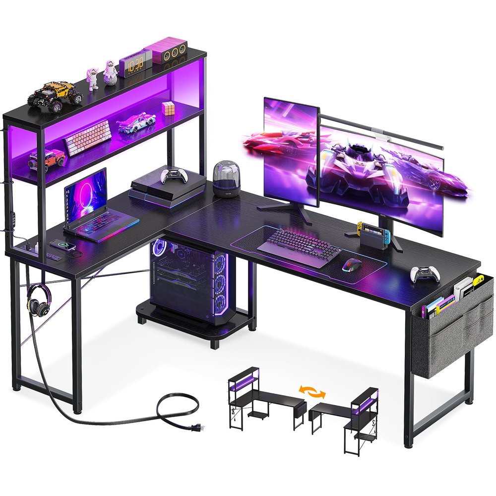 AODK L Shaped Desk Gaming Desk with LED Light & Power Outlet, 61 Inch Reversible L Shaped Computer Table with Shelf & Storage Bag & Hook for Home Office, Black