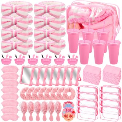 Suncalla 104 Pcs Spa Party Favor Supplies Bulk Include Face Mask Mixing Bowls Set Eye Masks Mirrors Headbands Scrunchies Cosmetic Bags Face Wash Cloths Plastic Cups for Spa Sleepover Birthday Party