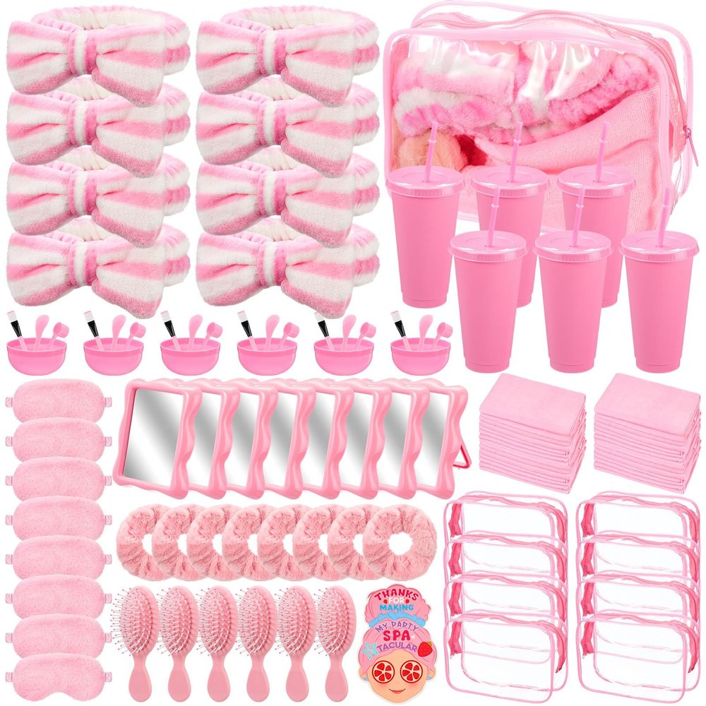 Suncalla 104 Pcs Spa Party Favor Supplies Bulk Include Face Mask Mixing Bowls Set Eye Masks Mirrors Headbands Scrunchies Cosmetic Bags Face Wash Cloths Plastic Cups for Spa Sleepover Birthday Party