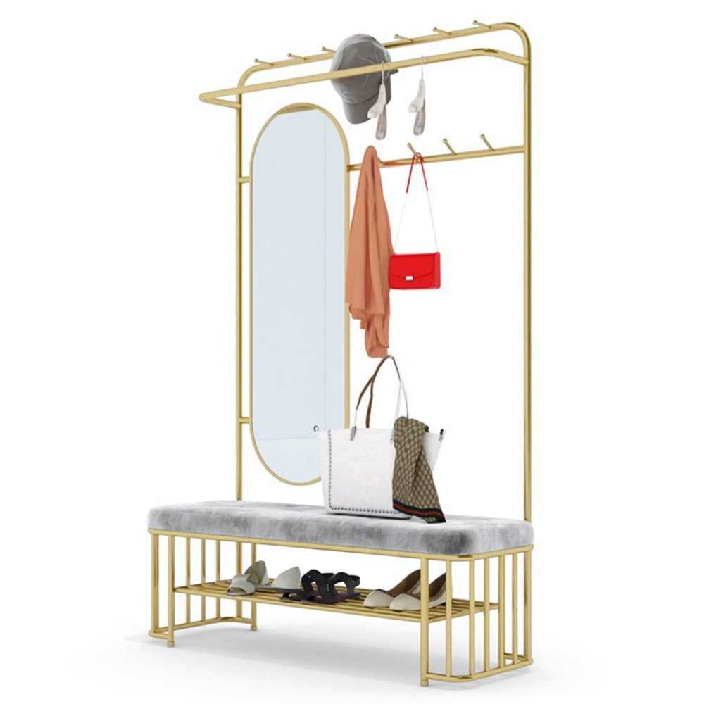 4-in-1 Multifunctional Entrance Shoe Rack with Coat Rack with Full-length Mirror, Simple And Modern Design, Entryway Coat Rack Shoe Bench for Living Room Porch Corner Corridor(60cm/24in)