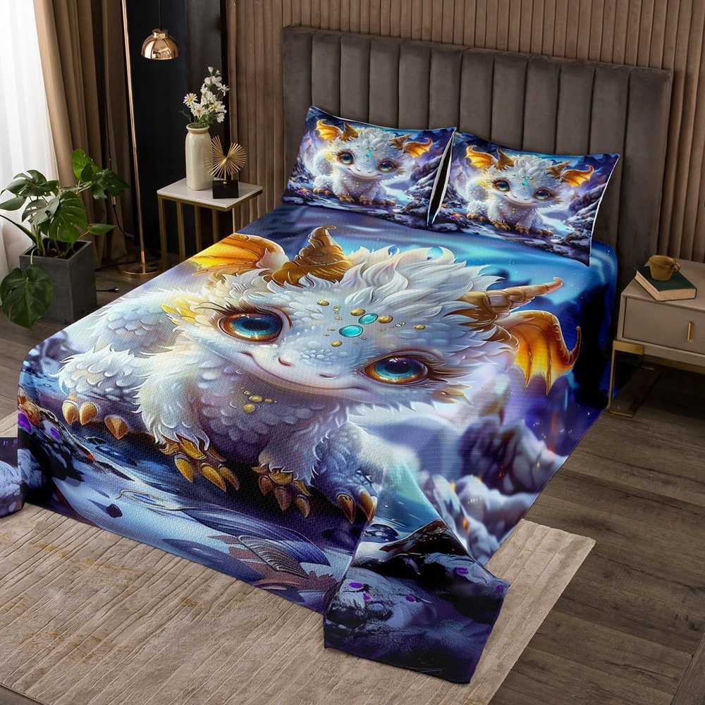 Manfei Cute Dragon Bedspread Queen Size, Cartoon White Dragon Coverlet Set 3pcs, Ancient Wildlife Theme Quilted Coverlet with 2 Pillowcases, Kids Boys Girls Room Decor, Soft Bedding Quilt