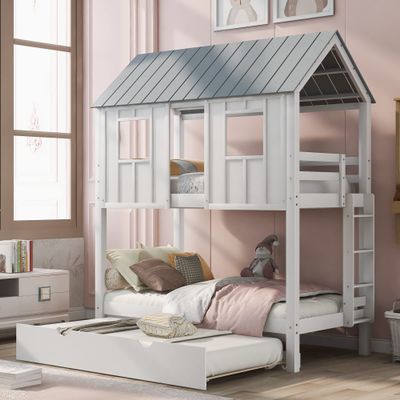 Ball & Cast Twin Size House Bunk Bed with Trundle,Playhouse Design with Roof & Windows,Solid Wood Triple Sleeper with Safety Rails & Ladder,Space-Saving Bedroom Furniture,White+Grey
