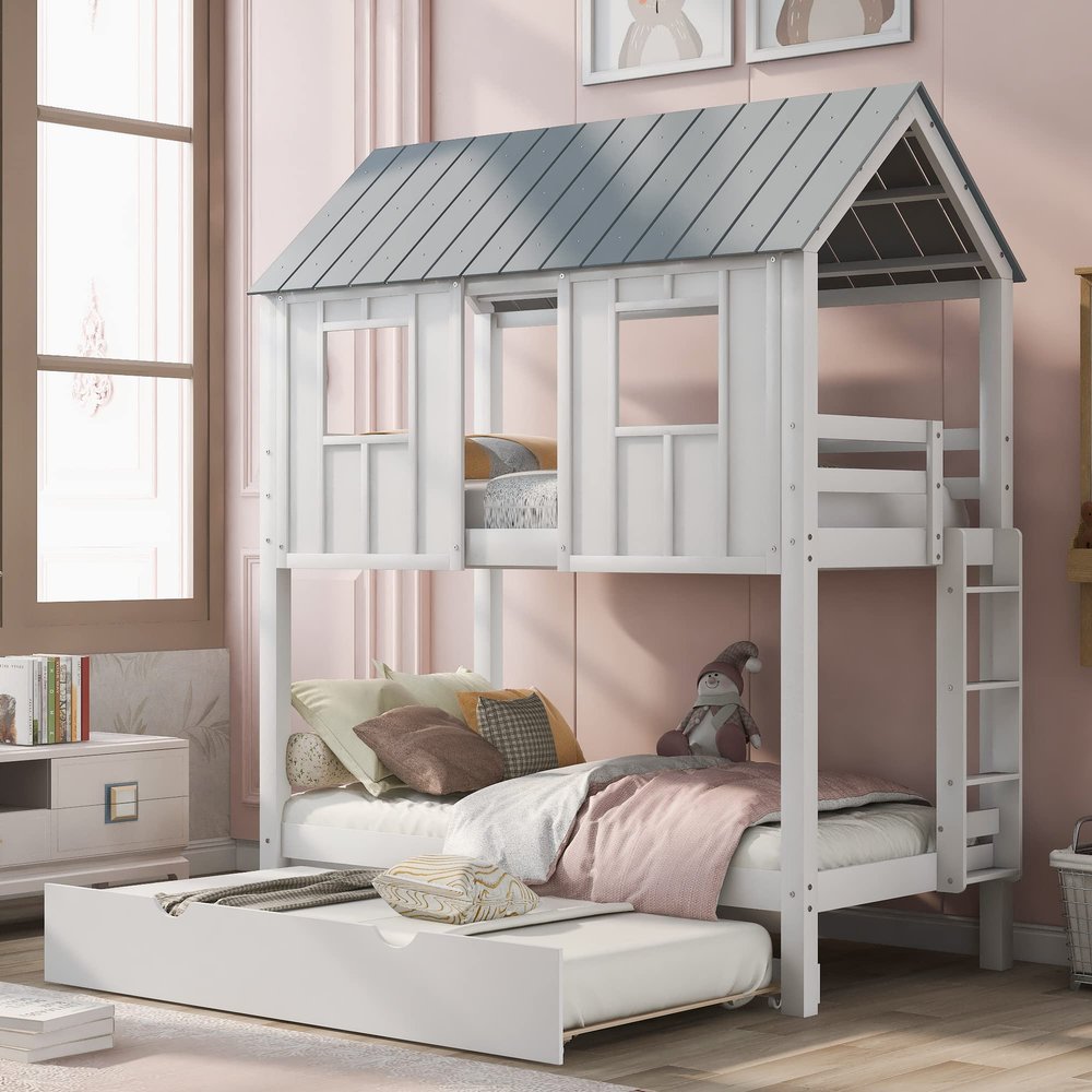 Ball & Cast Twin Size House Bunk Bed with Trundle,Playhouse Design with Roof & Windows,Solid Wood Triple Sleeper with Safety Rails & Ladder,Space-Saving Bedroom Furniture,White+Grey