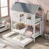 Ball & Cast Twin Size House Bunk Bed with Trundle,Playhouse Design with Roof & Windows,Solid Wood Triple Sleeper with Safety Rails & Ladder,Space-Saving Bedroom Furniture,White+Grey view 4