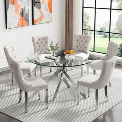 47" Round Dining Table Set for 6, Modern Silver Glass Kitchen Dining Room Table Set for 6, 7-Piece Dining Table Set with Cross Chrome Metal Legs & 6 Beige Velvet Upholstered Chairs for Small Place