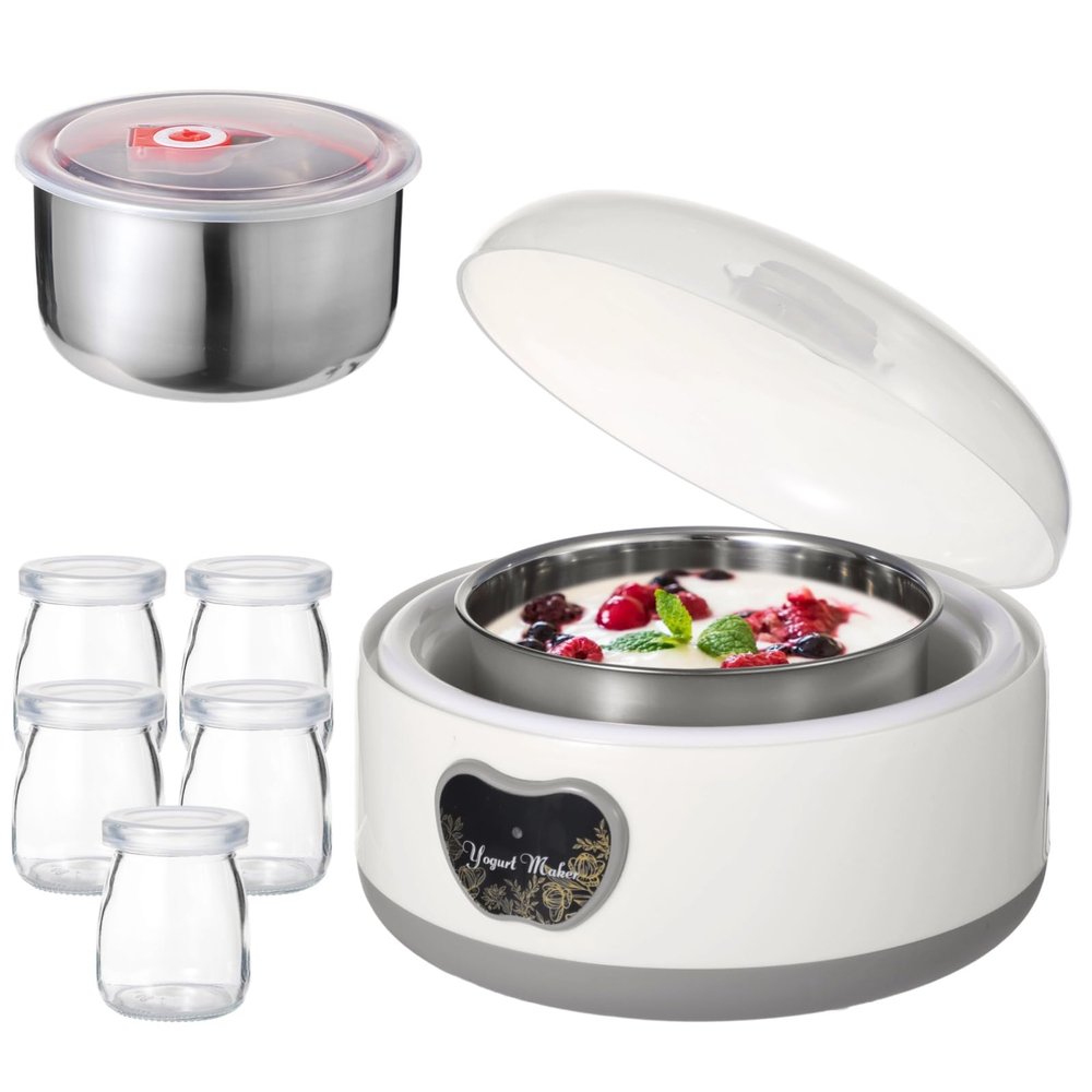 15W Yogurt Maker Machine, 1.2 L Automatic Stainless Steel Yogurt Maker with 5 Tight Seal Glass Jars, Auto Constant Temperature, PTC Heating, Home Yogurt Machine, Healthy Present
