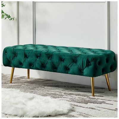 Button-Tufted Ottoman Bench, End of Bed Bench Bedroom Bench, Upholstered Velvet Long Window Bench with Gold Legs, Ottoman Bench for Living Room, Entryway,Green 1,100cm/39in