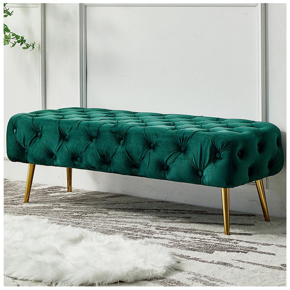 Button-Tufted Ottoman Bench, End of Bed Bench Bedroom Bench, Upholstered Velvet Long Window Bench with Gold Legs, Ottoman Bench for Living Room, Entryway,Green 1,100cm/39in