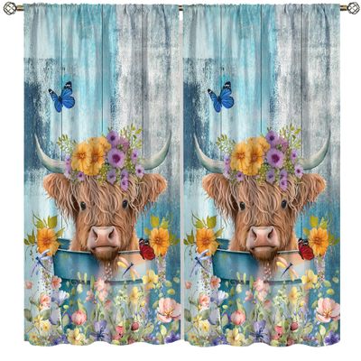 AAVEUP Bull Highland Cow Blackout Curtains for Kitchen Vintage Rustic Farmhouse Country Vintage Teal Wood Funny Flower Window Treatments Print for Bedroom Living Room 52x84in