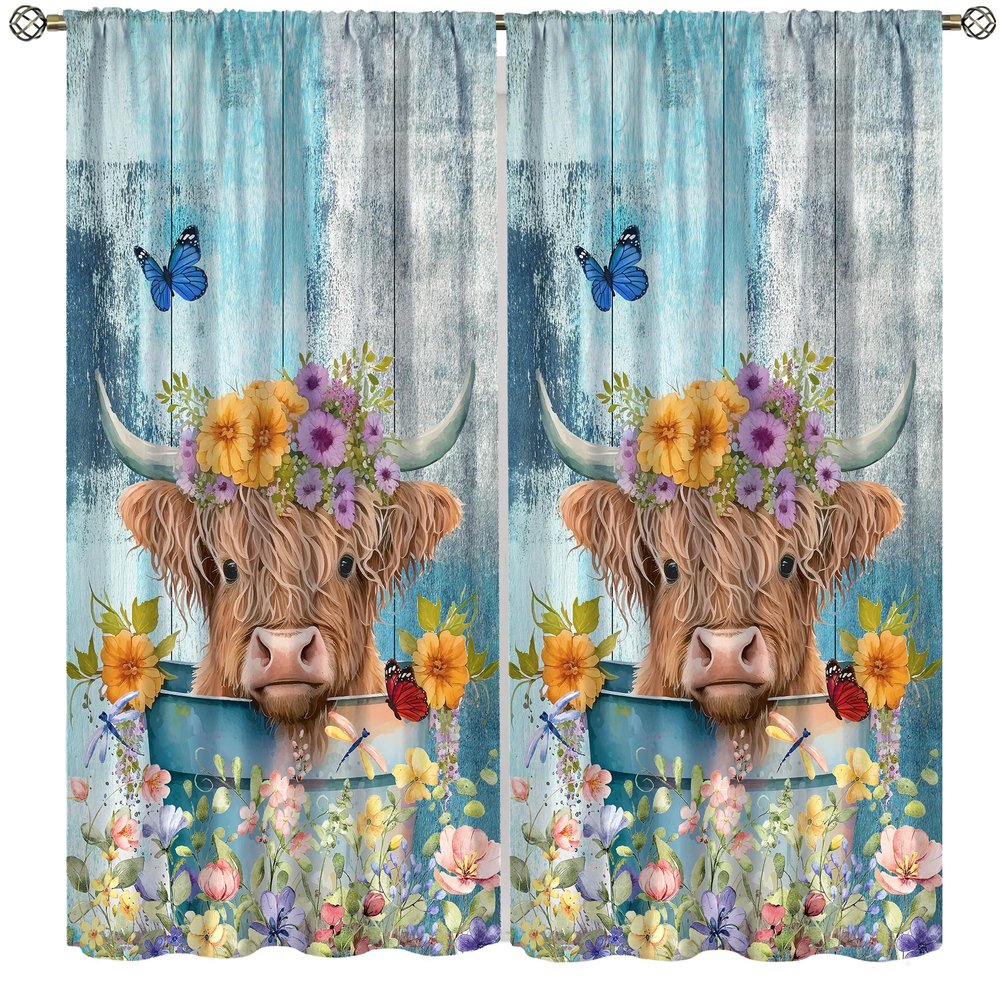 AAVEUP Bull Highland Cow Blackout Curtains for Kitchen Vintage Rustic Farmhouse Country Vintage Teal Wood Funny Flower Window Treatments Print for Bedroom Living Room 52x84in