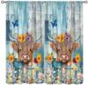 AAVEUP Bull Highland Cow Blackout Curtains for Kitchen Vintage Rustic Farmhouse Country Vintage Teal Wood Funny Flower Window Treatments Print for Bedroom Living Room 52x84in view 1