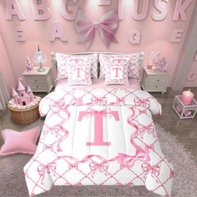 Erosebridal 7Pcs Cute Bow Bed in A Bag Twin Size Preppy Aesthetic Bowknot Comforter Set with Sheets with Alphabet Initial T Design