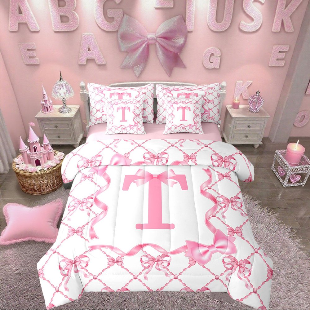 Erosebridal 7Pcs Cute Bow Bed in A Bag Twin Size Preppy Aesthetic Bowknot Comforter Set with Sheets with Alphabet Initial T Design
