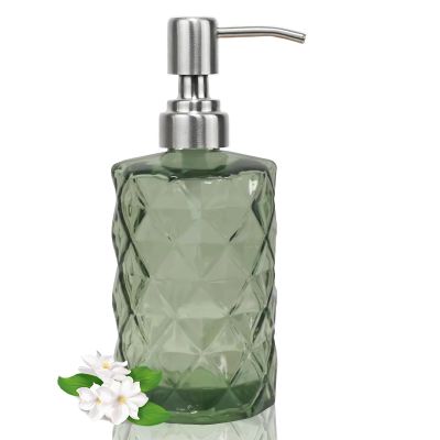 12Oz Green Glass Soap Dispenser with Stainless Steel Pump, Refillable Kitchen Liquid Hand Soap Dispenser with Diamond Design, for Dispense Hand soap, Dish Soap, Lotion, Bathroom, Countertop, Hotel