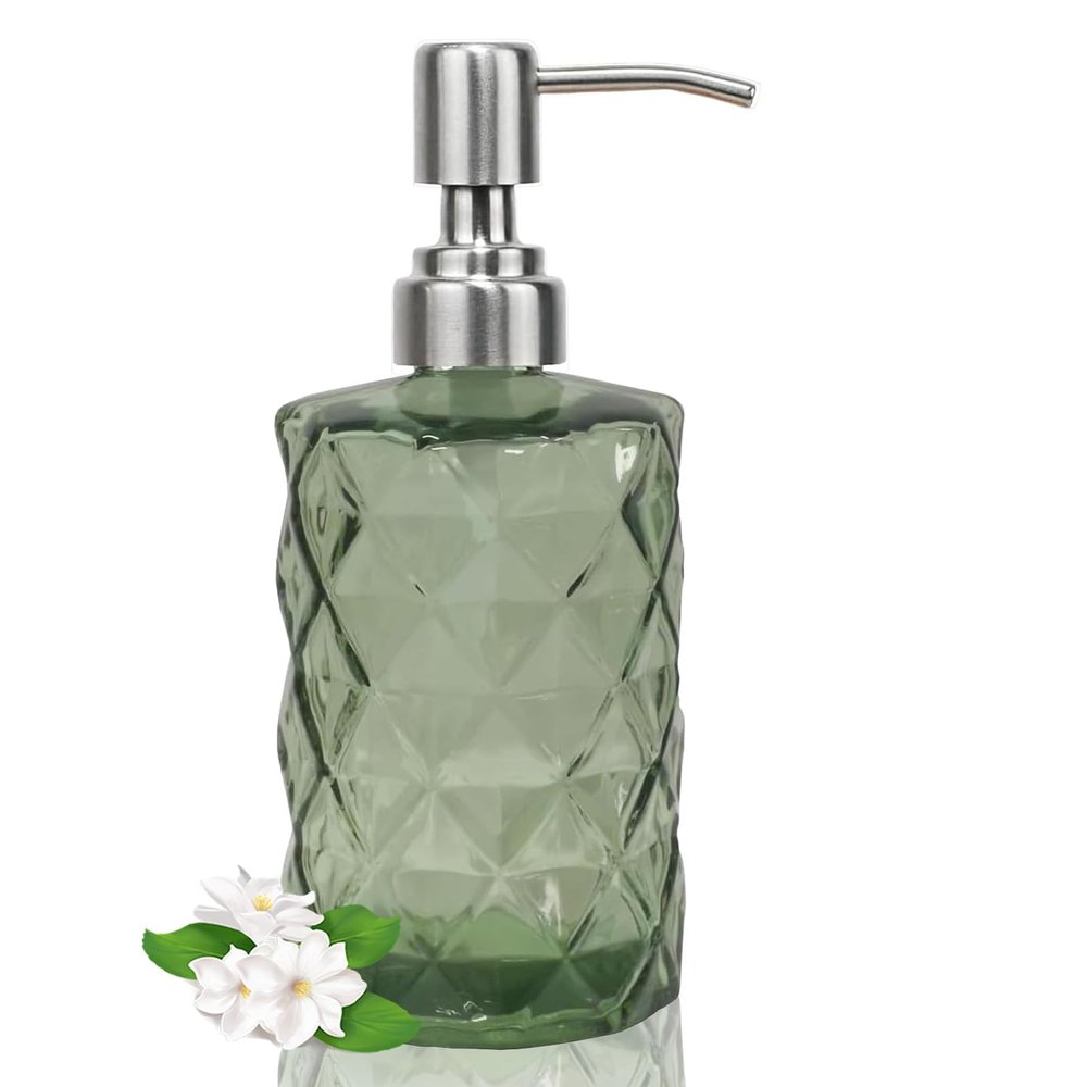 12Oz Green Glass Soap Dispenser with Stainless Steel Pump, Refillable Kitchen Liquid Hand Soap Dispenser with Diamond Design, for Dispense Hand soap, Dish Soap, Lotion, Bathroom, Countertop, Hotel