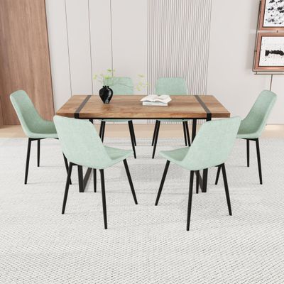 59" Natural Wood Dining Table and Modern Dining Chair 8 Pcs Set, Medieval Kitchen Dining Table Set, Rectangular Metal Base, Dining Table and Velvet Chair (Green Buy 6 Chairs and get 2 Free)