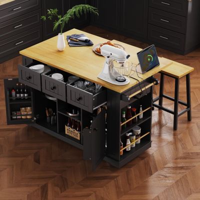 53inch Large Kitchen Island with Drop Leaf, Power Outlet, Door Internal Storage Rack, Rolling Kitchen Cart on 5 Wheels with 5 Open Side Racks for Kitchen, Dining Room,Black(Not Include bar stools)