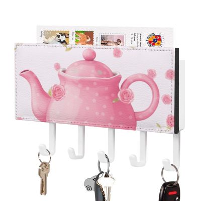 JTKBNVM Teapot Key Holder Rack Wall Mount Hanging Mail Organizer Adhesive Keys Rack with 5 Hooks No Drill Home Keys Hanger Decorative Key Hooks for Wall Entryway Hallway Living Room Mudroom