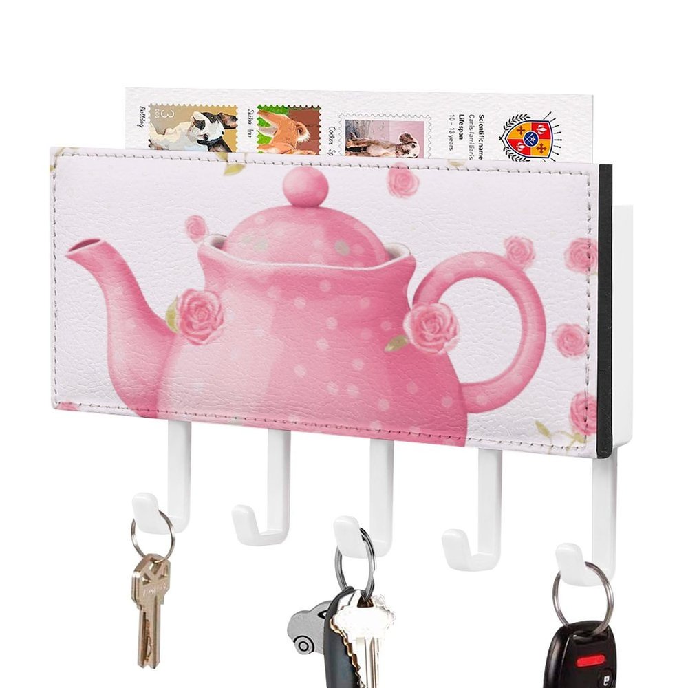 JTKBNVM Teapot Key Holder Rack Wall Mount Hanging Mail Organizer Adhesive Keys Rack with 5 Hooks No Drill Home Keys Hanger Decorative Key Hooks for Wall Entryway Hallway Living Room Mudroom