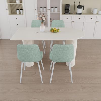 63" New Cream Style Dining Table and Modern Dining Chair 4 Pcs Set, Modern Fashion Kitchen Table Set, Round Wave Table Legs, Dining Table and Linen Chair
