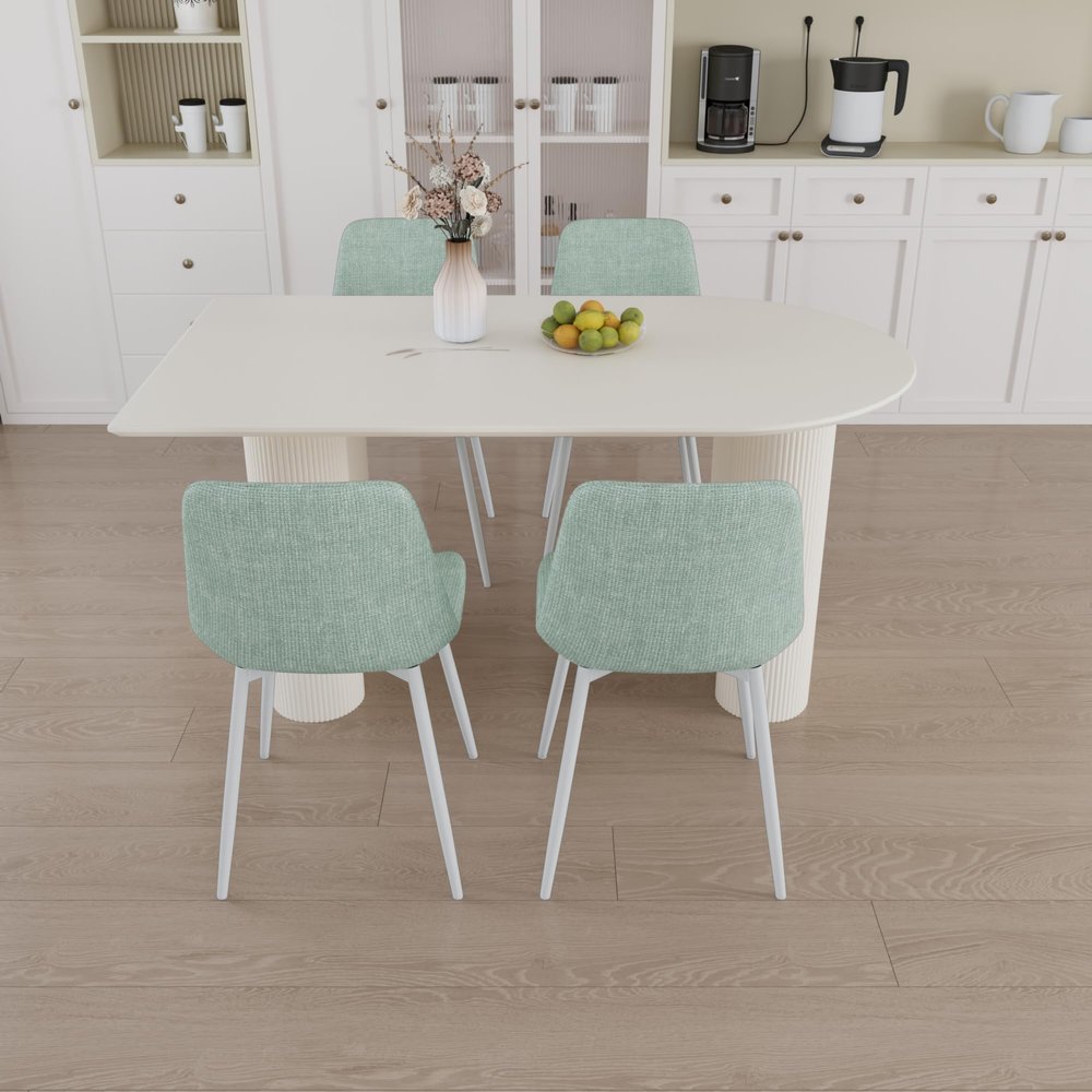 63" New Cream Style Dining Table and Modern Dining Chair 4 Pcs Set, Modern Fashion Kitchen Table Set, Round Wave Table Legs, Dining Table and Linen Chair
