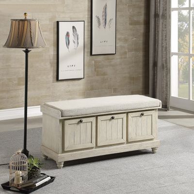 1pc Durable Storage Bench White Finish Foam Cushioned Seat Beige Upholstery Flip-Top Seat Solid Wood Home Furniture
