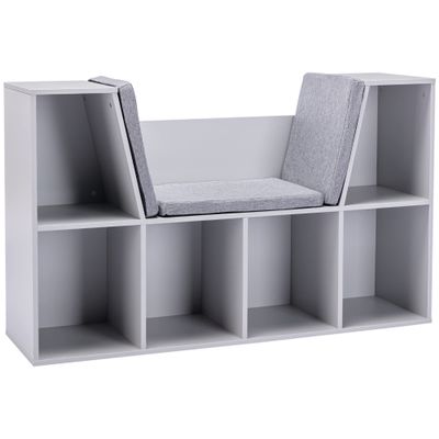 6 Cubby Bookcase with Reading Nook and Cushion, Multi Purpose Storage Organizer for Bedroom, Living Room, Grey