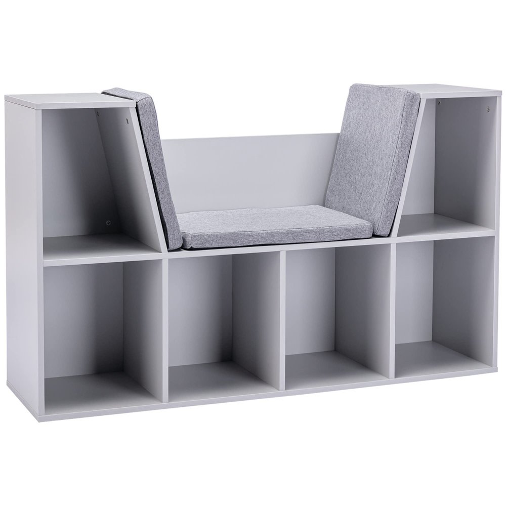 6 Cubby Bookcase with Reading Nook and Cushion, Multi Purpose Storage Organizer for Bedroom, Living Room, Grey