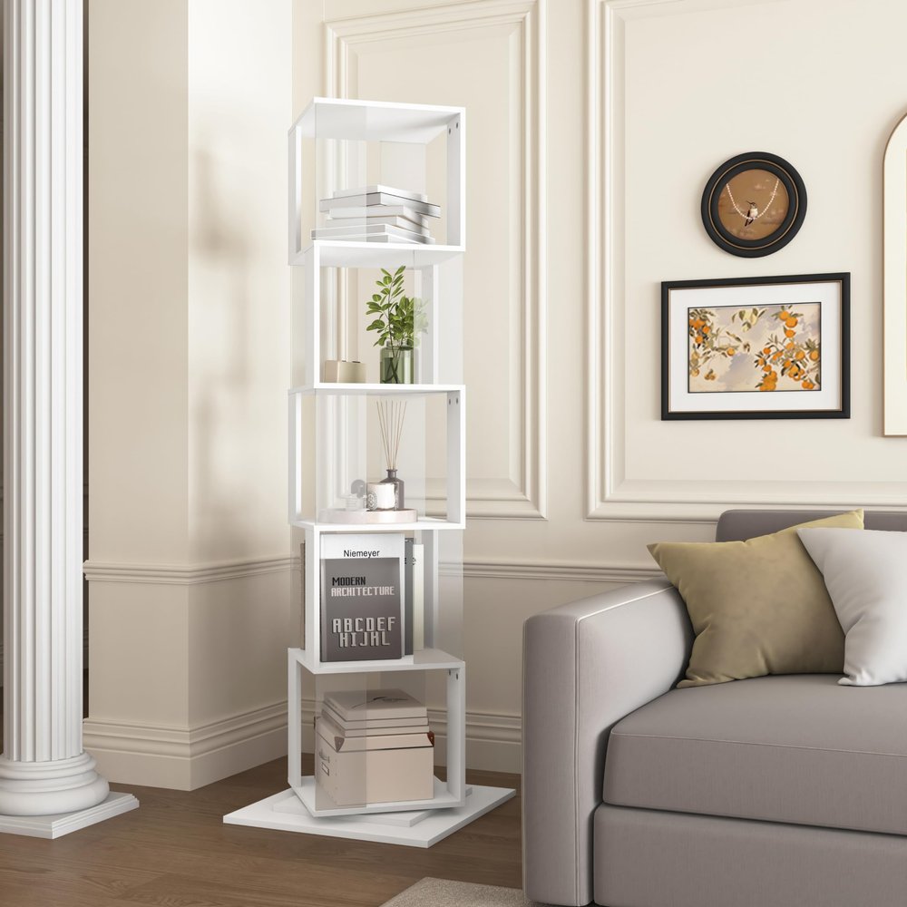 5 Tier Rotating Bookshelf, Floor Rack Simple Bookcase with Acrylic Plate Student Multi Function Creative Bookshelf for Living Room with Anti toppling Base
