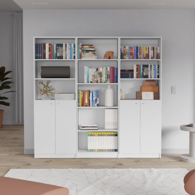 3 Pcs Home Bookcase Set, 74" Wide with 11 Shelves and Two Double Door Cabinet, Living Room Set White