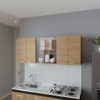 Natural Oak Wall Cabinet Kitchen in Melamine with 4 Door and Glass Storage